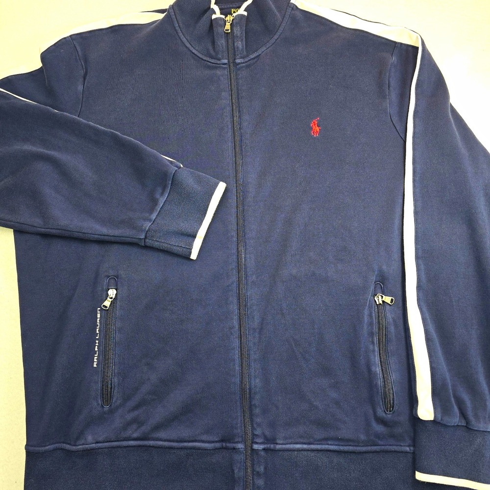 Polo Ralph Lauren Track Jacket XXL Navy Blue White Striped Full Zip Sporty Tech.